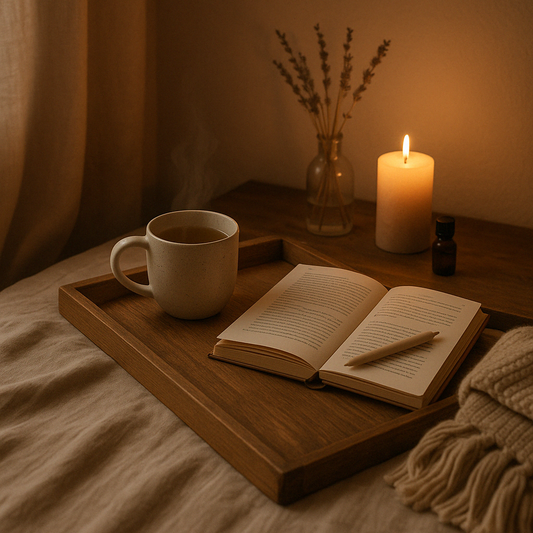 Een rustgevend avondmoment met een brandende kaars, een open notitieboek en een kop kruidenthee op een houten tafel, met warme sfeerverlichting.